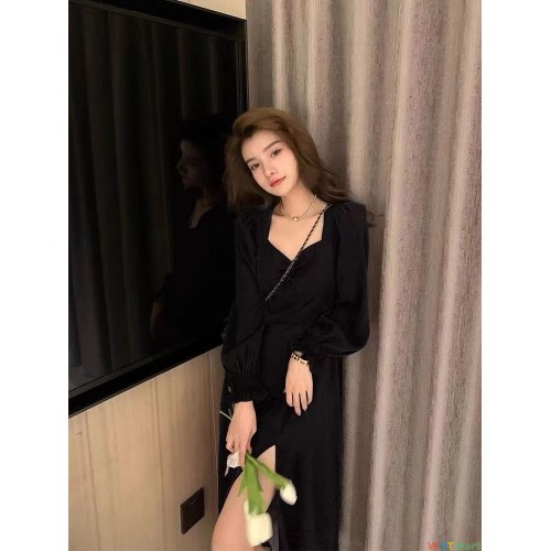 内搭裙子女秋冬新款打底v领仙女黑色长裙气质赫本法式小众连衣裙