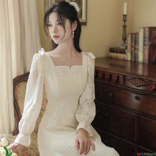 桔梗茶歇法式连衣裙秋季女装2024新款小个子方领气质雪纺裙子#514