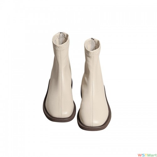 短靴女平底马丁靴2023新款春秋切尔西瘦瘦靴英伦风方头白色女靴子