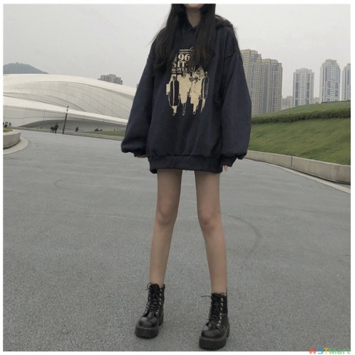 加绒卫衣女2022秋冬新款韩版宽松中长款复古港味连帽学生外套女潮