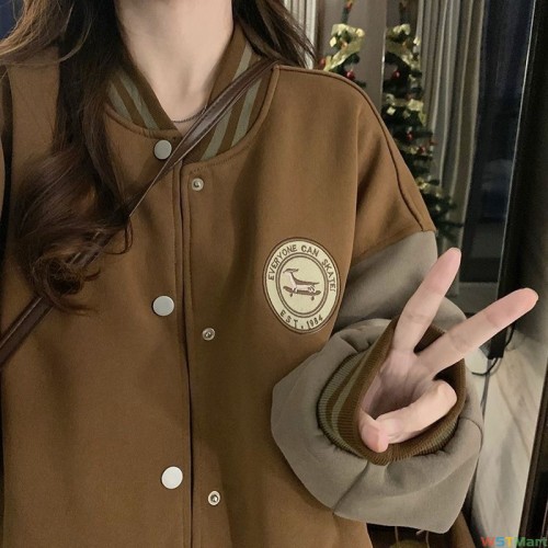 慵懒风棒球服外套女秋冬季加绒加厚复古宽松休闲开衫卫衣ins潮