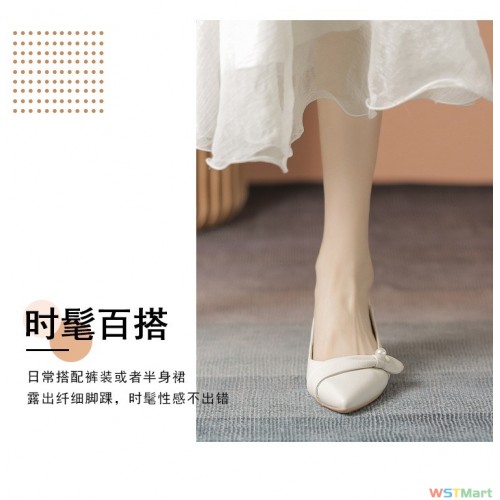 跟鞋女粗跟2022年新款法式气质杏色尖头中跟四季软皮舒适四季鞋