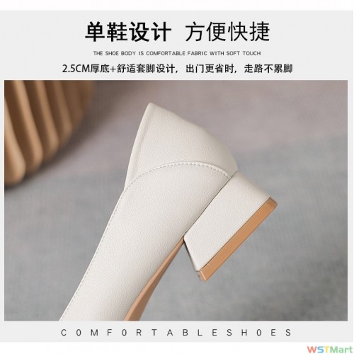 跟鞋女粗跟2022年新款法式气质杏色尖头中跟四季软皮舒适四季鞋