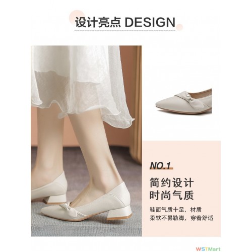 跟鞋女粗跟2022年新款法式气质杏色尖头中跟四季软皮舒适四季鞋