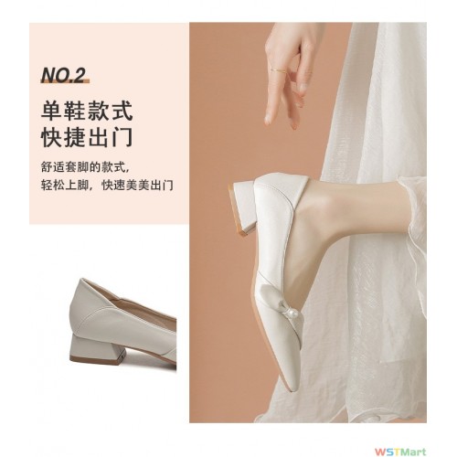 跟鞋女粗跟2022年新款法式气质杏色尖头中跟四季软皮舒适四季鞋