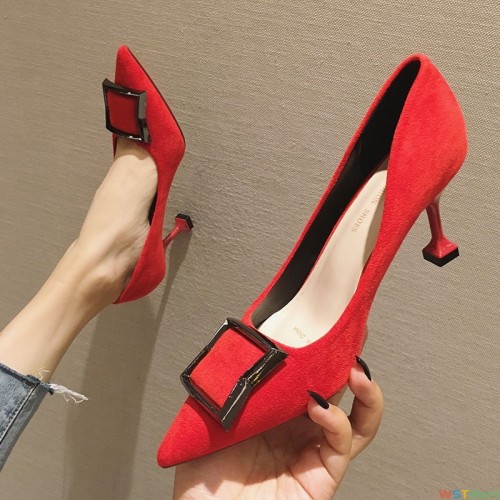 7328-2鞋女2021秋季中跟网红新款黑色少女小清新跟鞋细跟尖头