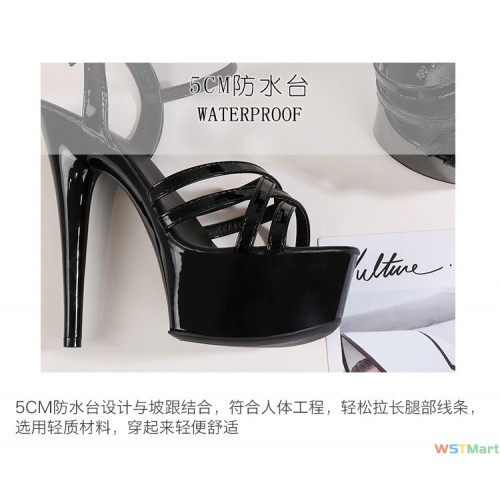 走秀神器模特跟鞋细跟性感黑色防水台15cm恨天超跟凉鞋女夏