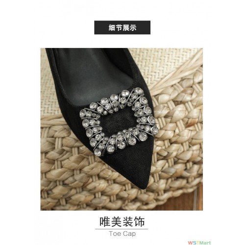 2023新款粗跟尖头百搭通勤气质跟鞋舒适不累脚百搭绒面饰扣鞋