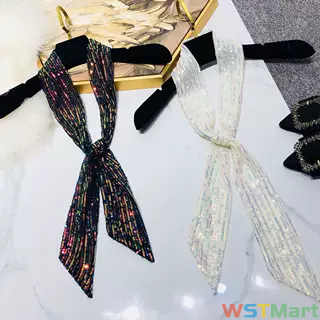 韩国复古多用百搭女丝巾长条细窄围巾亮片小领巾腰带领带装饰飘巾