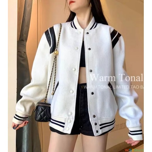 2024秋冬新款美式棒球服90羊毛料黑白撞色拼皮设计外套