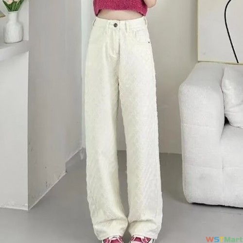 阔腿牛仔裤女夏季春秋2024年新款薄款提花杏色显瘦设计感直筒裤子