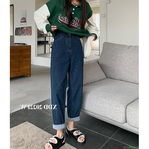 小个子腰直筒牛仔裤女春夏2022新款深蓝色萝卜裤宽松哈伦老爹裤