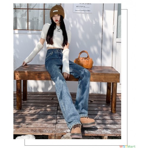 复古腰直筒牛仔裤女2023秋冬新款宽松显瘦小个子拖地窄版阔腿裤