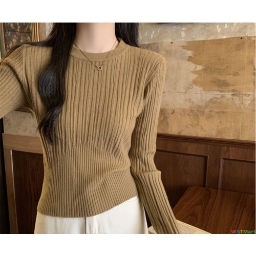 韩版坑条圆领长袖针织衫女春季新款小香风腰修身百搭打底上衣潮