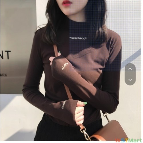 2023早秋装半领上衣打底衫女字母绣花修身学生纯色长袖t恤女潮