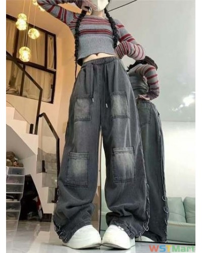 春秋牛仔裤女中性休闲潮流直筒阔腿9分宽松港风复古潮拖地裤