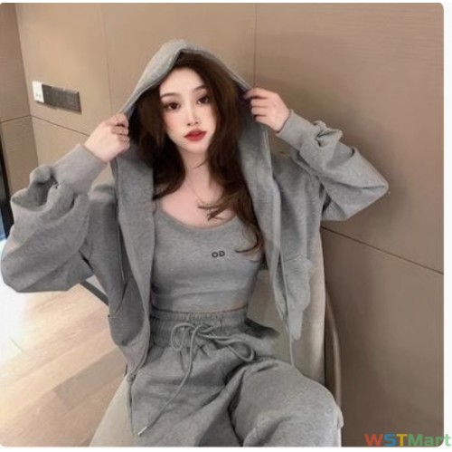 2024初春港风新款休闲运动套装女长裤拉链卫衣外套女吊带三件套潮