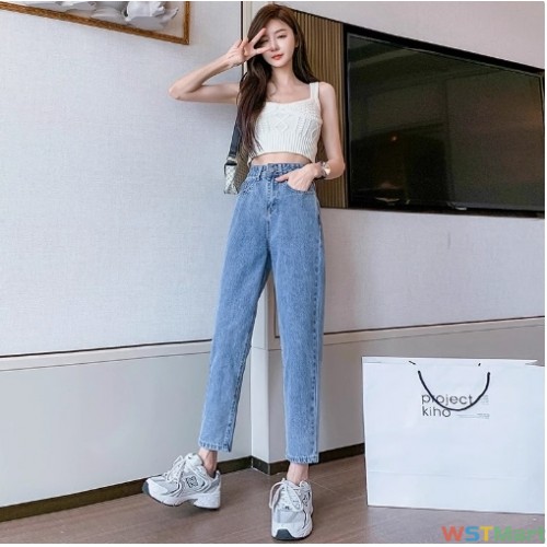 春夏腰老爹牛仔裤女2022年新款盐系九分直筒显瘦宽松哈伦萝卜裤