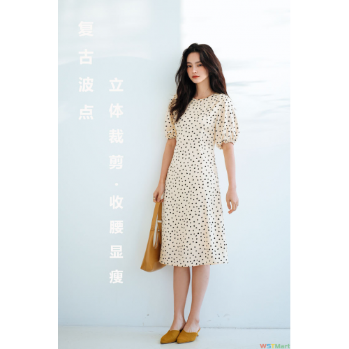 24夏新爱心印花浪漫法式灯笼袖赫本风龄显瘦连衣裙女13895