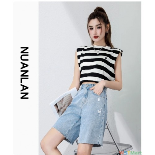 实拍短裤女2024夏装新款宽松腰显瘦直筒阔腿休闲破洞五分牛仔裤