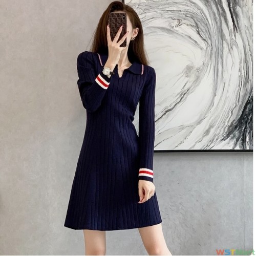 修身显瘦a字针织连衣裙2024秋季新款女装翻领气质长袖打底毛衣裙