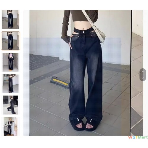 阔腿牛仔裤女小个子春秋季新款辣妹腰设计感显瘦百搭拖地裤子潮