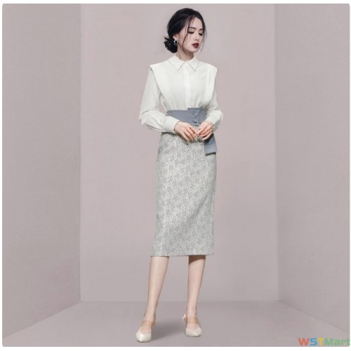 跨境女装2023新款名媛时尚气质两件套白色衬衫衬衣提花包臀连衣裙