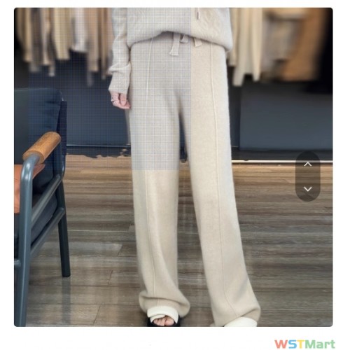 100%羊毛阔腿裤女腰拖地裤2023秋冬款显瘦加厚版小香风休闲长裤