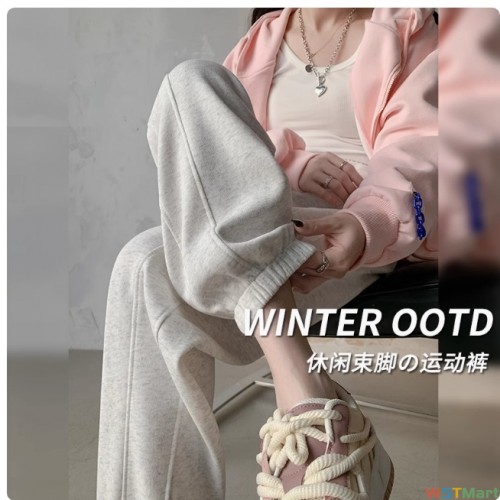 灰色加绒运动裤女秋冬2024新款宽松束脚裤休闲腰美式哈伦卫裤子