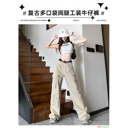 粉色美式直筒牛仔裤女2023年春秋新款腰显瘦宽松辣妹个性工装裤