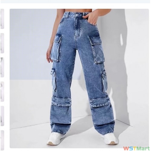 源头厂家2023女装牛仔裤工装裤腰翻盖口袋女装裤宽松合身女装裤  源头厂家2023女装牛仔裤工装裤腰翻盖口袋女装裤宽松合身女装裤