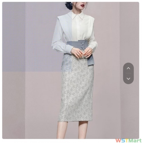 跨境女装2023新款名媛时尚气质两件套白色衬衫衬衣提花包臀连衣裙