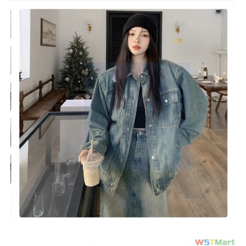 秋季新款韩版复古水洗牛仔外套女外穿垫肩长袖夹克衫外穿宽松上衣