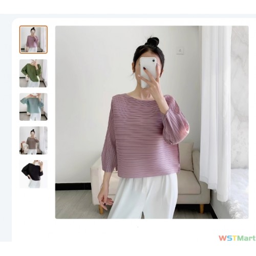 2023春秋新款褶皱上衣七分袖T恤一字领压褶衣服女横折小众设计