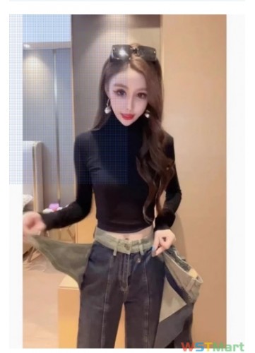 设计感拼接阔腿牛仔裤女2023春秋季大码腰宽松显瘦百搭直筒裤子