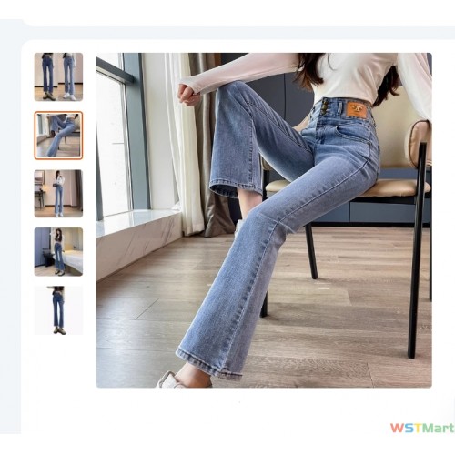 腰多扣牛仔裤女弹力九分裤新款修身显瘦微喇女装裤2023春夏爆款