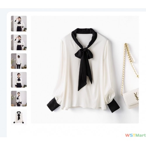 真丝衬衫女装2024春秋新款弹力桑蚕丝衬衣休闲蝴蝶结时尚上衣