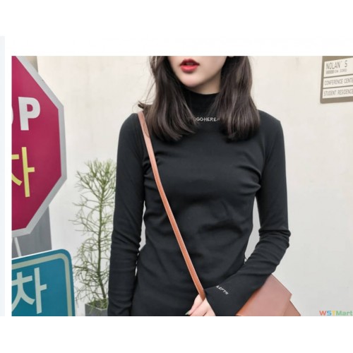 2023早秋装半领上衣打底衫女字母绣花修身学生纯色长袖t恤女潮