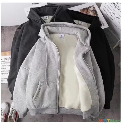 加绒外套2023新款开衫大码休闲卫衣宽松秋冬拉链连帽上衣服装