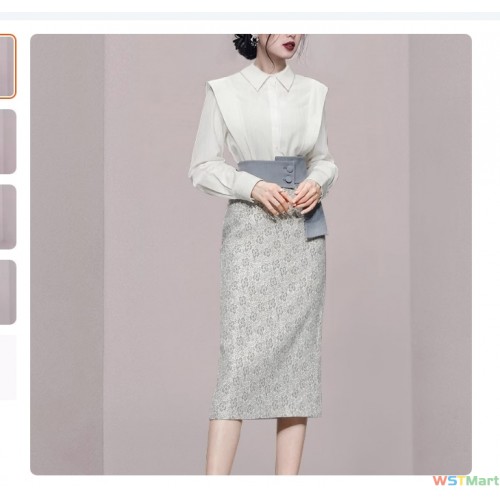 跨境女装2023新款名媛时尚气质两件套白色衬衫衬衣提花包臀连衣裙 ¥ 354 · 已售 0