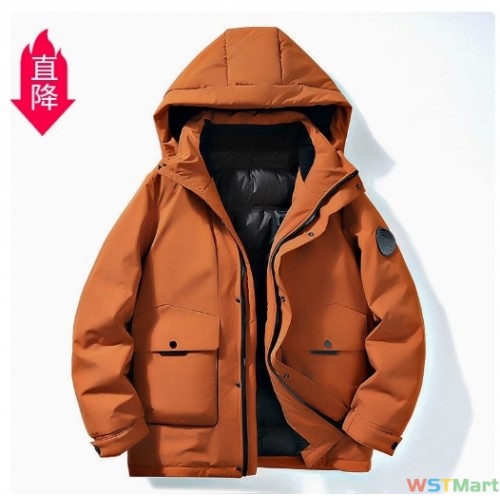 2023新款冬季大码装工装羽绒服加绒加厚保暖翻领连帽士羽绒服