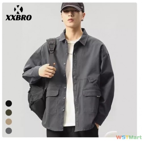 xxbro装#美式复古工装衬衫长袖宽松大码衬衣休闲百搭外套