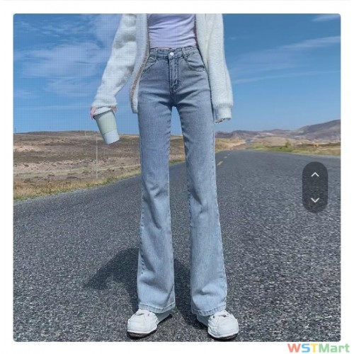 浅色微喇叭牛仔裤女修身网红腰显瘦小个子紧身弹力拖地马蹄长裤