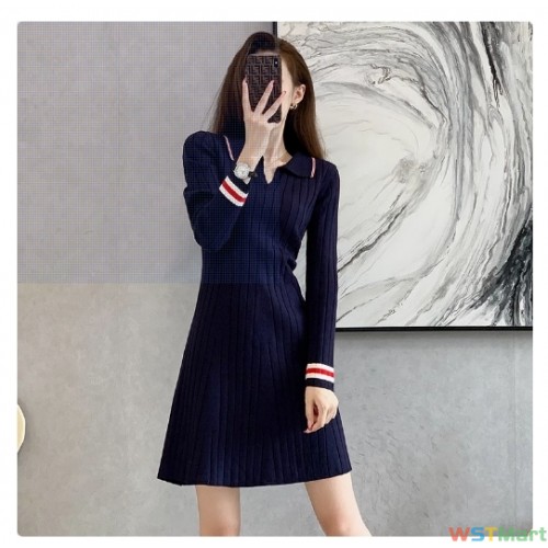 修身显瘦a字针织连衣裙2024秋季新款女装翻领气质长袖打底毛衣裙