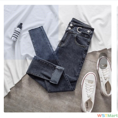 腰牛仔裤女学生2021夏季新款显瘦紧身弹力小脚毛边九分铅笔裤子