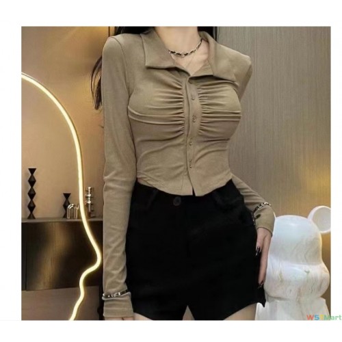 早秋新款气质纯欲polo领褶皱修身百搭长袖上衣2022秋季短款打底衫