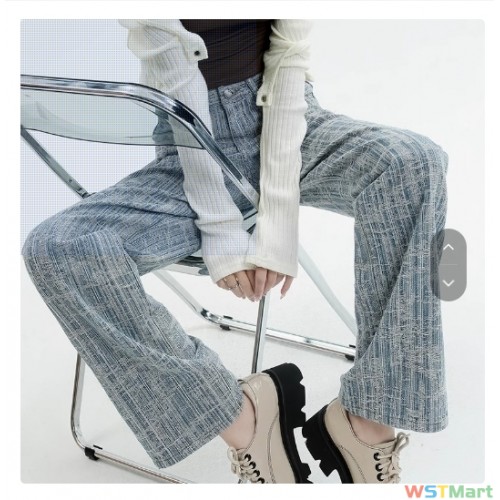 窄版阔腿牛仔裤女春季新款提花美式设计感小众宽松显瘦直筒长裤