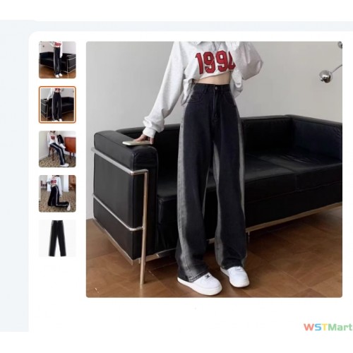 黑色渐变直筒牛仔裤女腰春装大码胖mm宽松显瘦设计感小众阔腿裤