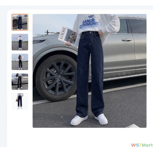 深蓝色直筒牛仔裤女秋冬2021年新款腰宽松阔腿显瘦小个子拖地裤