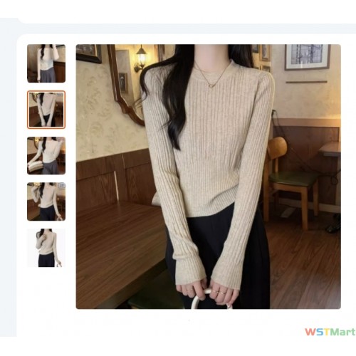 韩版坑条圆领长袖针织衫女春季新款小香风腰修身百搭打底上衣潮